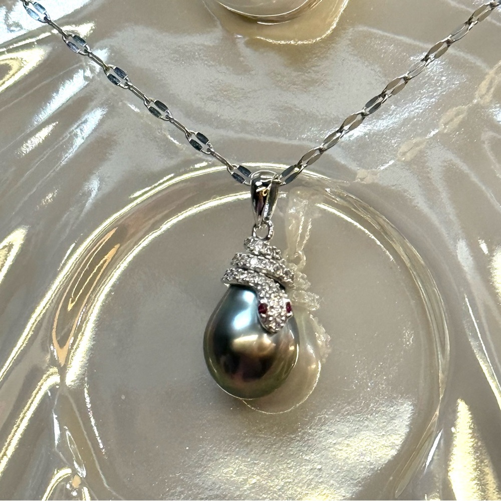 NPT12 Tahitian FLAWLESS Teardrop OMBRÉ 10.9mm Pearl SNAKE Pendant 18KWGold S925 - Picture 6 of 9